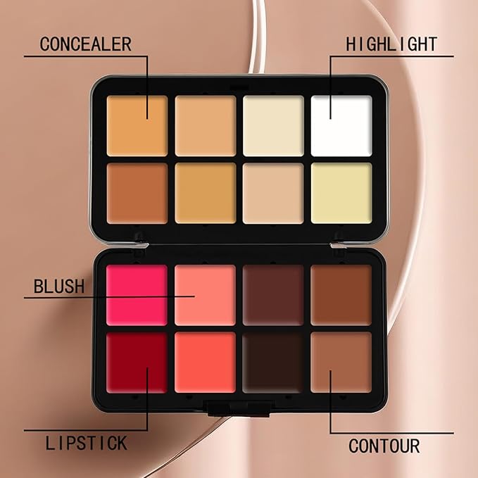 16 Color Cream Makeup Palette, Blush Concealer Highlighter Contour Palette, Multi-functional Makeup Palette with 8 Brushes, Face Make Up Gift for Women Girls-GlimoraGlow