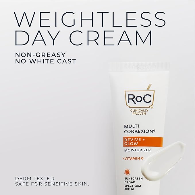 RoC Multi Correxion Revive + Glow Vitamin C Sunscreen Broad Spectrum SPF 30 Face Moisturizer (1.7 oz) with Retinol Eye Cream Packette-GlimoraGlow