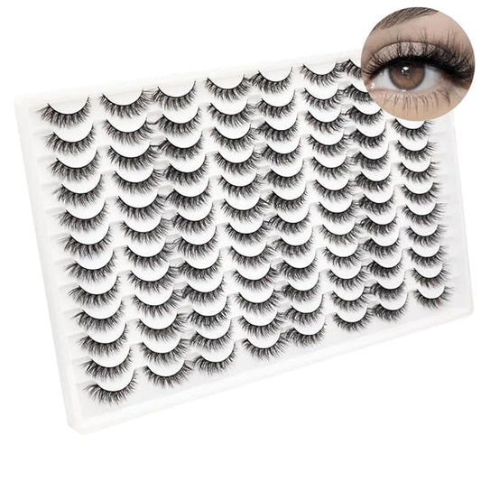 False Eyelashes 48 Pairs Faux Mink Lashes 14mm Wispy Lashes 3D Fluffy Cat Eye Lashes Pack Bulk Wholesale Strip Lashes(style 48-045)-GlimoraGlow