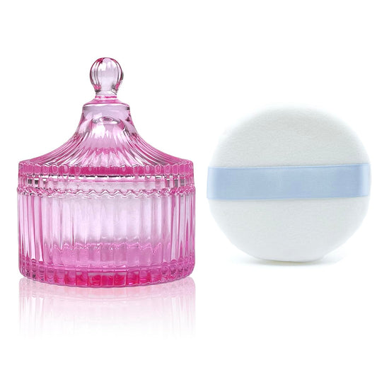 Ultra Soft Powder Puff and Container 3.3" High Density Velvet Dusting Washable Reusable Powder Puff,Body Powder Puff and Glass Jar Holder Loose Powder Box with Puff for Face Makeup(Pink)-GlimoraGlow
