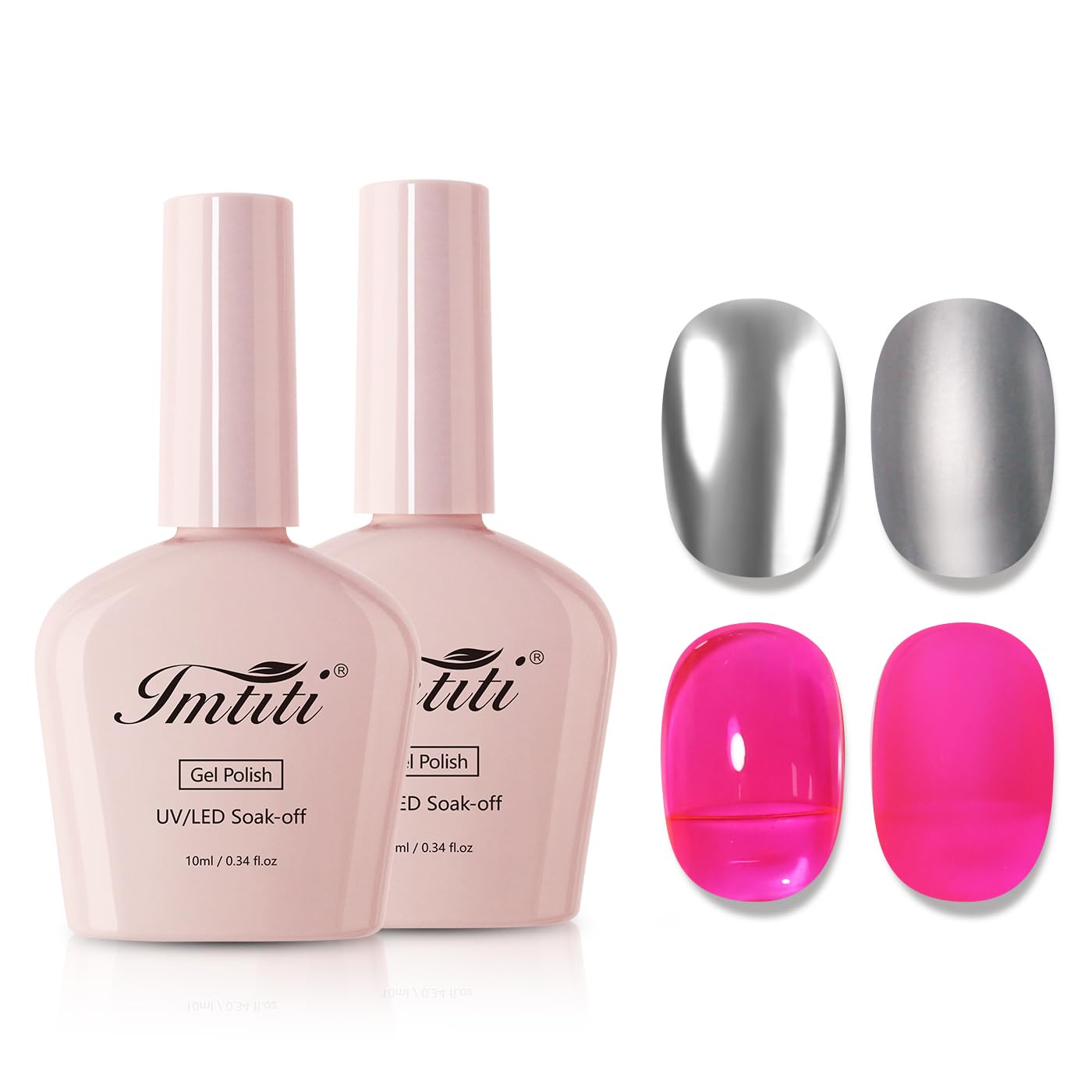 Imtiti Metallic Gel Nail Polish Set, 2 Pcs 10ml Chrome Mirror Shine gel polish & Hot Pink Jelly GEl POlish Soak Off UV LED Spring Summer Nail Art Manicure Salon DIY Design Kit-GlimoraGlow