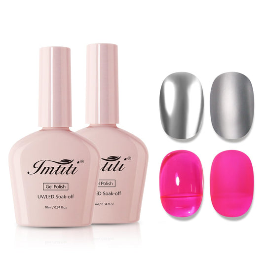 Imtiti Metallic Gel Nail Polish Set, 2 Pcs 10ml Chrome Mirror Shine gel polish & Hot Pink Jelly GEl POlish Soak Off UV LED Spring Summer Nail Art Manicure Salon DIY Design Kit-GlimoraGlow