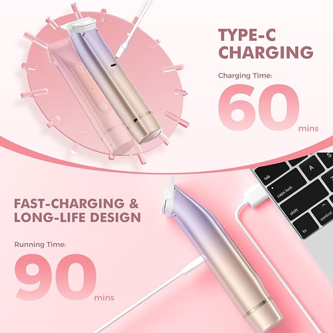 2 in 1 Bikini Trimmer for Women, Dual Head Electric Razor, IPX7 Waterproof Wet/Dry Use Women Electric Shaver, Painless Body Facial Hair Remover for Bikini Legs Arm Underarm, (Lavender)-GlimoraGlow