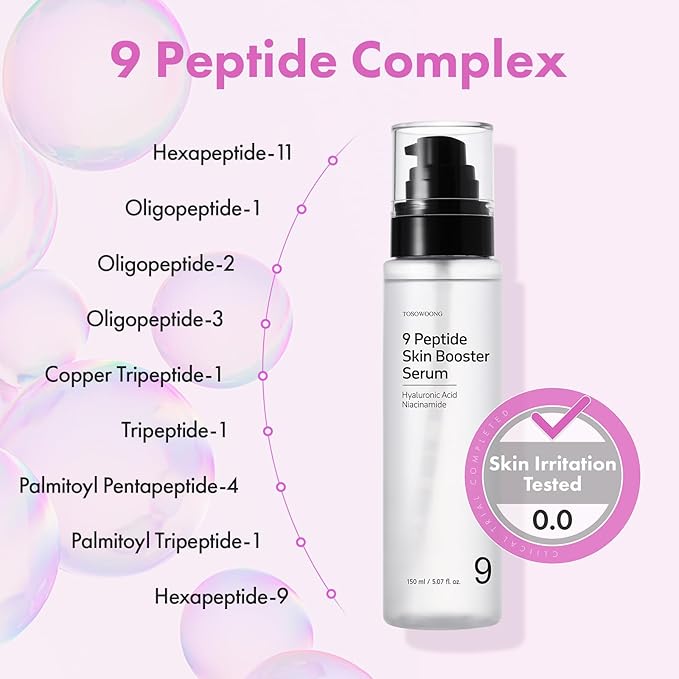 9 Peptide Skin Booster Serum, Niacinamide & Hyaluronic Acid Skin Renewal Boosting Facial Essence for All Skin Types, Korean Skin Care, Paraben Free, 150ml, 5.07 fl.oz.-GlimoraGlow