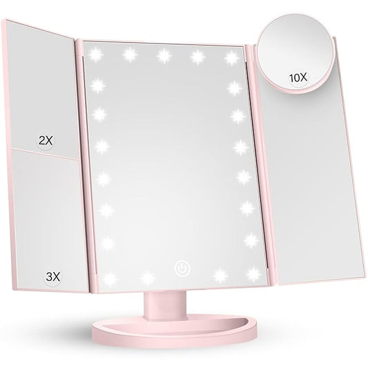 HUONUL Makeup Mirror Vanity with Lights, 2X 3X 10X Magnification, Lighted Mirror, Touch Control, Trifold Dual Power Supply, Portable LED Women Gift (Pink)-GlimoraGlow