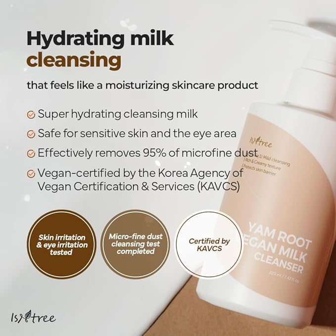 IsNtree Yam Root Vegan Milk Cleanser 220ml, 7.43 fl.oz | Korean Facial Cleanser for Sensitive Skin | Rich & Creamy Texture | Hydrating & Mild | Vegan & Cruelty-Free Skincare-GlimoraGlow