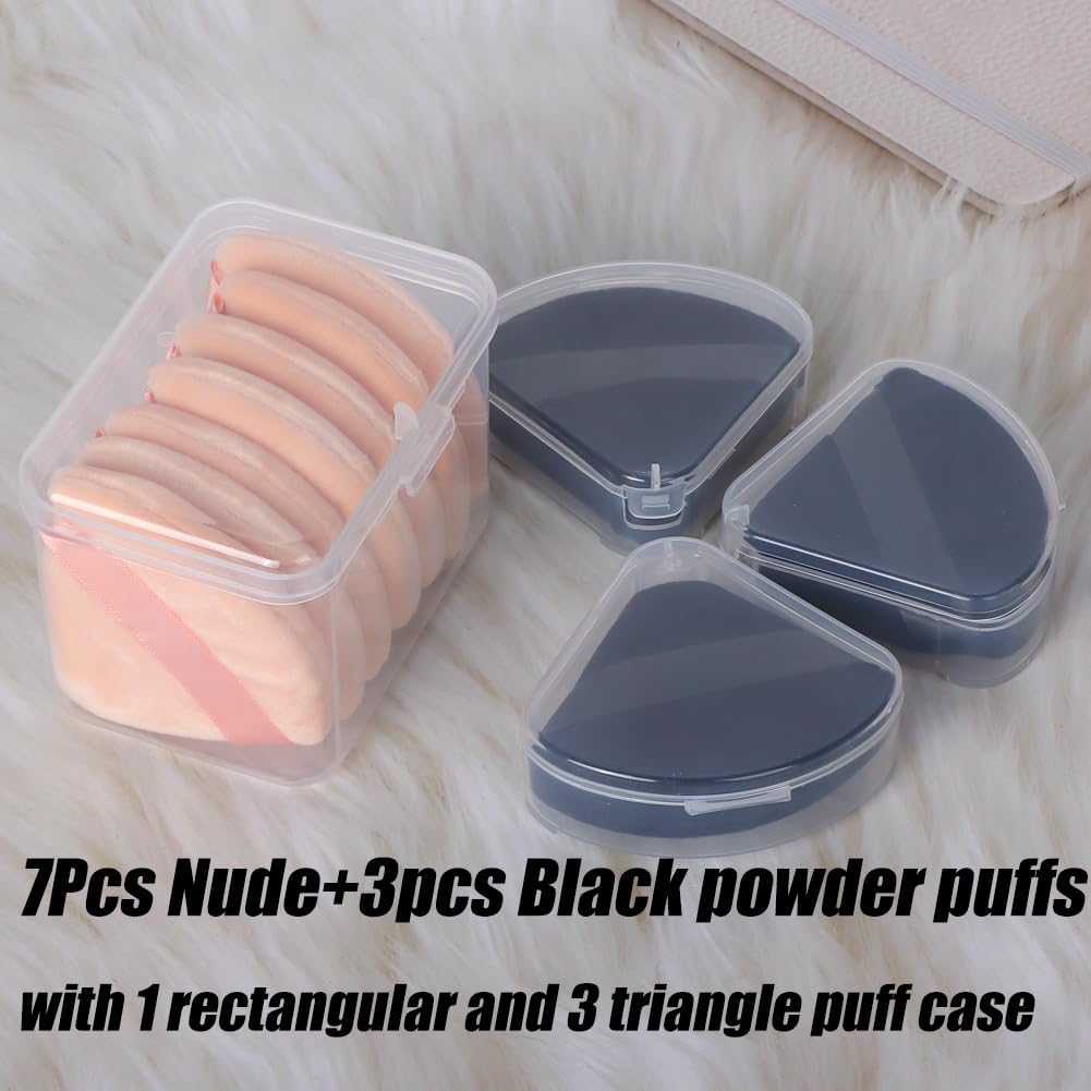 Ocim 10Pcs Triangle Powder Puffs for Face Powder,Soft Velour Triangular Beauty Puff,Makeup Pressed,Baking & Setting Powder Sponge Applicator Pads with Case,Black&Nude-GlimoraGlow