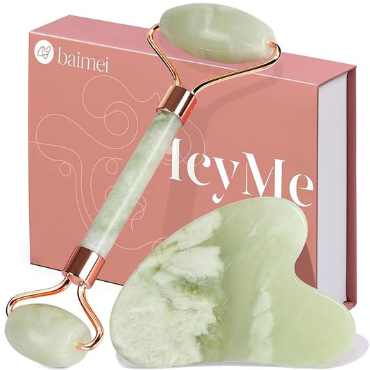 BAIMEI Jade Roller & Gua Sha Set Face Roller and Gua Sha Facial Tools for Skin Care Routine and Puffiness, Self Care Gift for Men Women - Light Green-GlimoraGlow