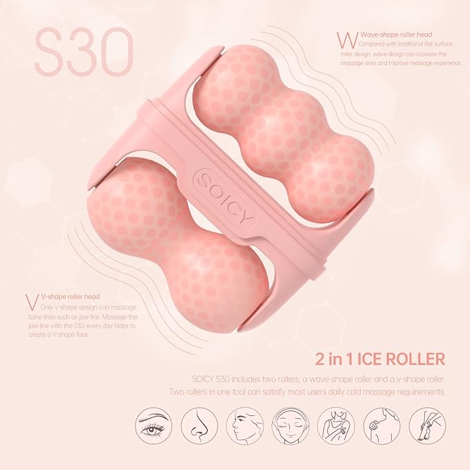 Ice Roller for Face with Gua Sha, Travel ice Roller Cold Therapy Tools, Cold Facial Ice Roller Massager for Eye Puffiness, Migraine, TMJ Pain Relief & Minor Injury (Pink)-GlimoraGlow