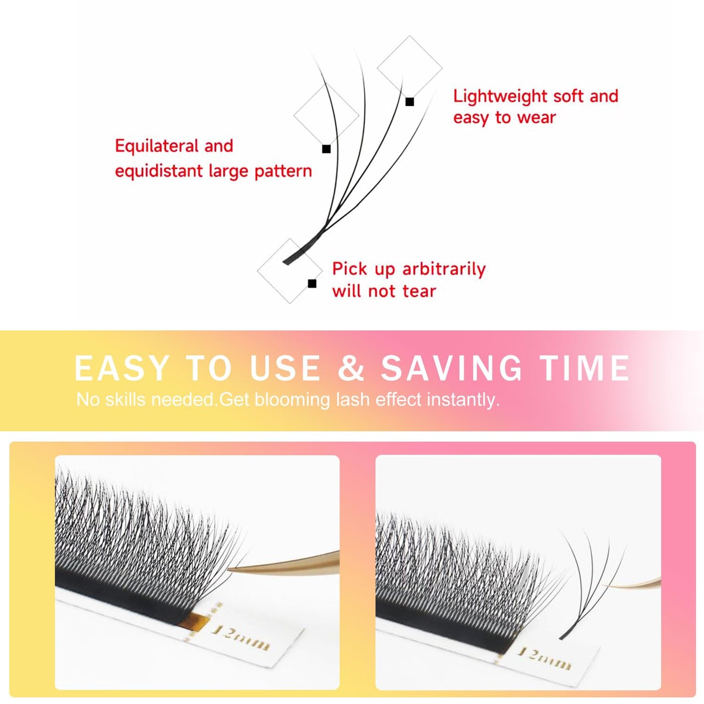 Lash Extensions 4D Eyelash Extensions W Lashes 0.07mm Thickness D Curl Lashes Mix 8-15mm Soft Lash Trays Volume Lash Extension Natural Matte black False Eyelashes Professional Use(W-4D-0.07-D,8-15mm)-GlimoraGlow