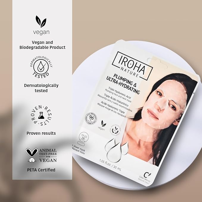 IROHA NATURE Replumping & Anti-Aging Tissue Face Mask (Pack of 15) | With Triple Hyaluronic Acid | Deep Hydration & Anti-Aging Effect | Softer, Calmer Skin | 100% Vegan-GlimoraGlow