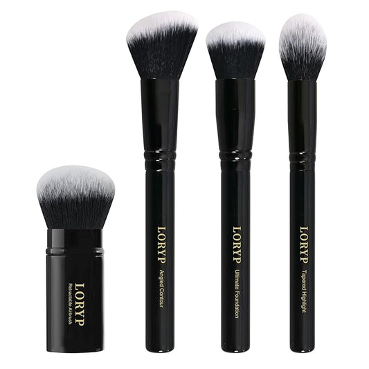 LORYP 4 Pcs Full Face Professional Makeup Brushes Set with Retractable Kabuki Airbrush For Powder,Liquid,Cream,Angled Blush Brush, Foundation Brush, Tapered Highlight Brush-GlimoraGlow