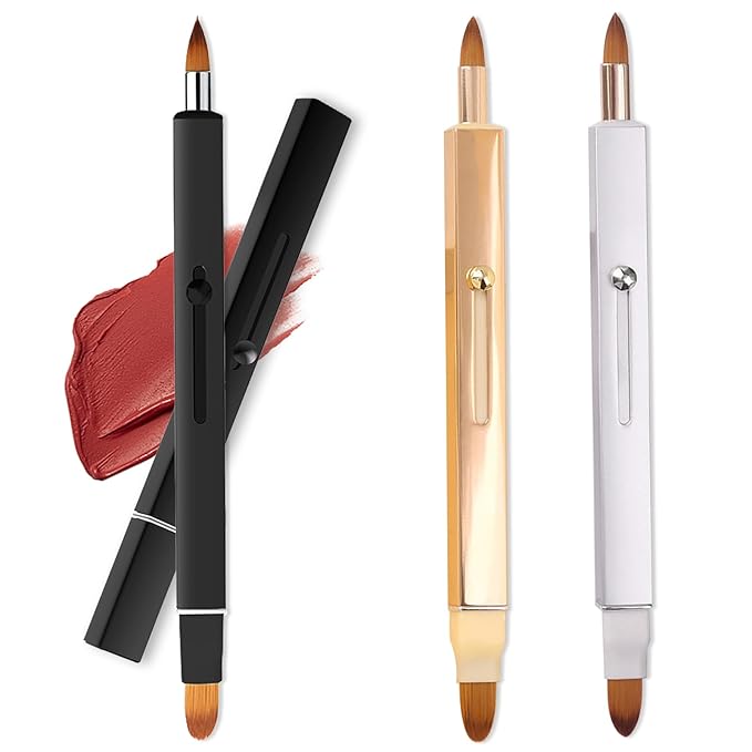3 Pack Lip Brush for Lipstick Makeup Brushes Double-Ended Retractable Lip Brush with Cap Dustproof for Lipstick Gloss Creams Portable with Cap(Black + Gold + Silver)-GlimoraGlow