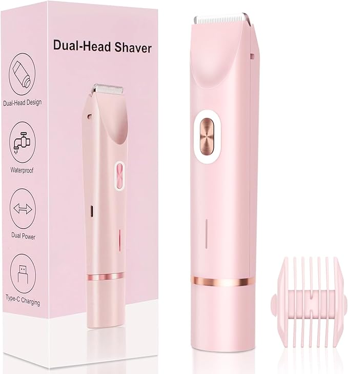 2025 New 2-in-1 Electric Bikini Trimmer for Women - Dual Head Electric Razor,Waterproof Painless Bikini Shaver, Pubic Hair Trimmer for Private Area & Body Hair, Pink-GlimoraGlow