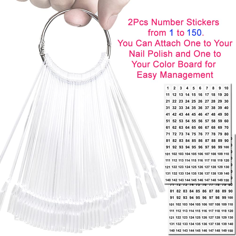 JASSINS 150 Pcs Nail Swatch Sticks with Ring and Number posted, Clear Fan-shaped Nail Art Polish Practice Display Tips Nail Sample Sticks, Nail Practice Color Display Polish Board-GlimoraGlow