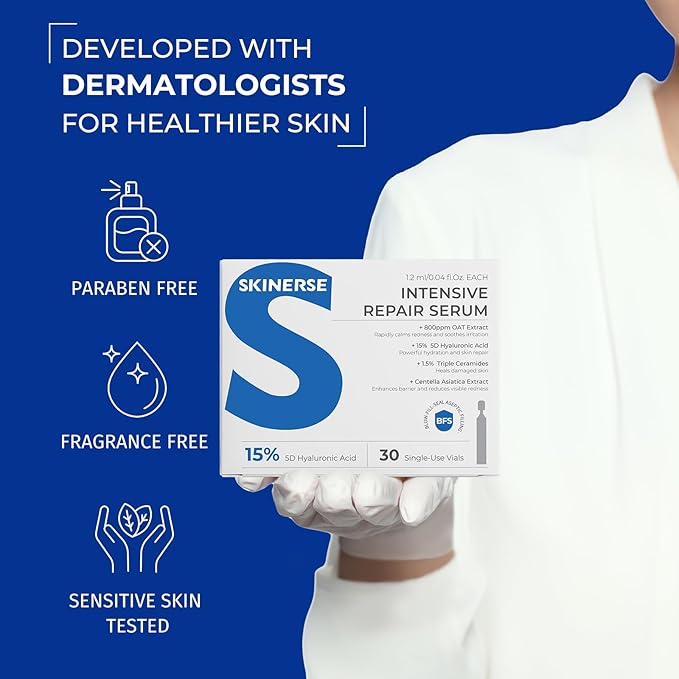 Intensive Repair Serum, 15%Hyaluronic Acid for Sensitive Skin Anti Aging Ultra Hydrating Serum for Face Calming Barrier Repair Redness Relief with Ceramides Centella 30Vials Daily Travel Care-GlimoraGlow