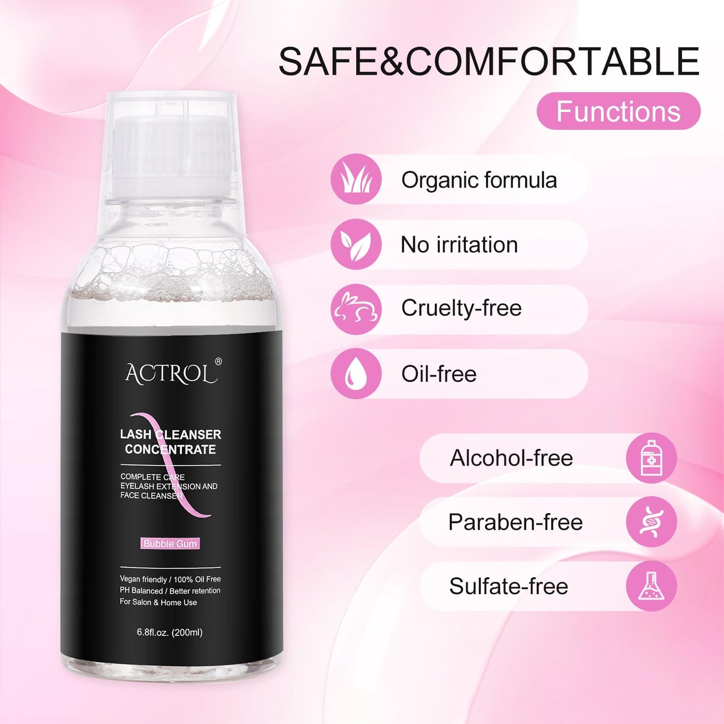 Eyelash Cleanser Concentrate 200ml Bubble Gum Professional Lash Shampoo Foaming Cleanser DIY Paraben & Sulfate Free Non-lrritating Wash for Extensions Lashes Care-Makes 20 Bottles-GlimoraGlow