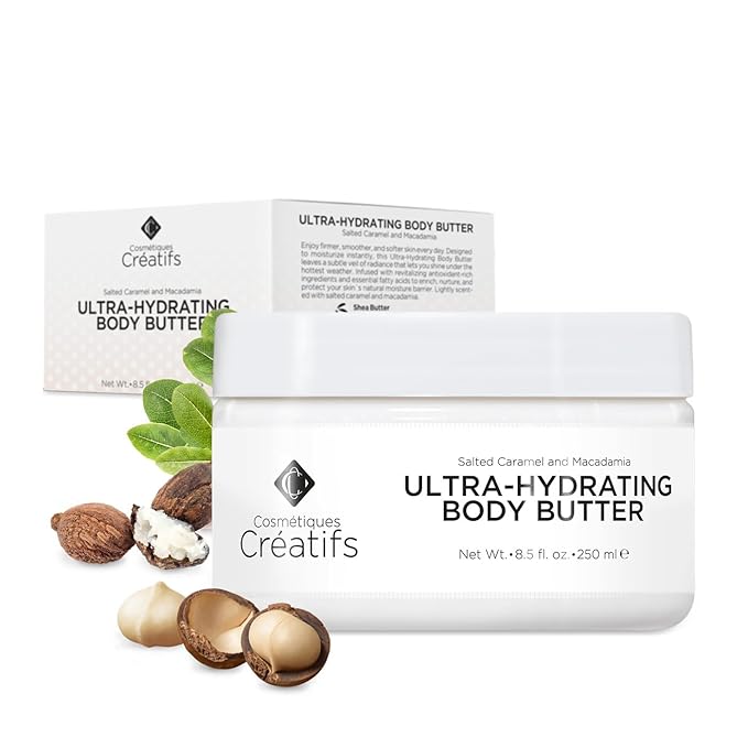 Ultra-Hydrating Body Butter with Shea Butter, 8.5 fl. oz., Salted Caramel and Macadamia Scent, Deep Moisturizing, Soothes, Repairs, and Nourishes Skin-GlimoraGlow
