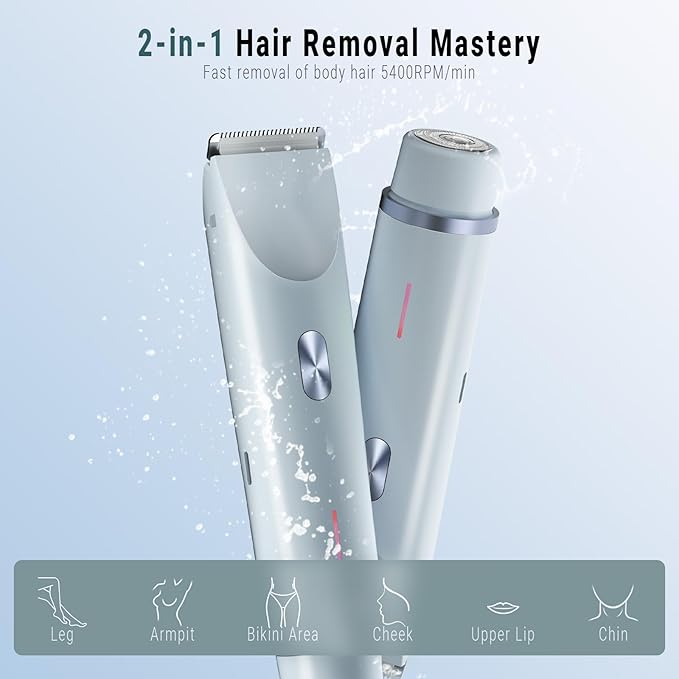 2-in-1 Bikini Trimmer and Shaver Kit for Women, Electric Body Hair Trimmer Facial Hair Removal Cordless Bikini Shaver Razor for Face Lip Chin Pubic Underarm Legs, Blue-GlimoraGlow