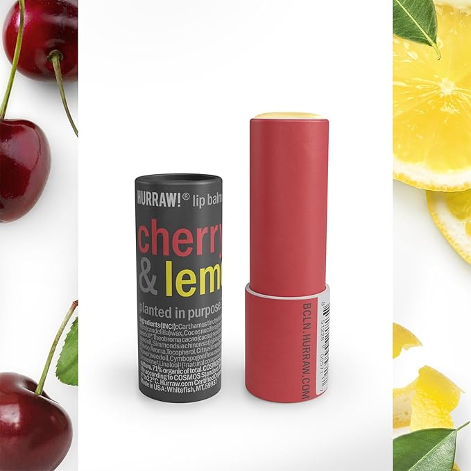 Hurraw! Cherry & Lemon Lip Balm, 3 Pack: Plastic-Free with new cardboard push-up tube. Certified Organic, All Natural Origin, Vegan & Cruelty Free. Gluten Free. Bee, Shea, Soy & Palm Free. Made in USA-GlimoraGlow