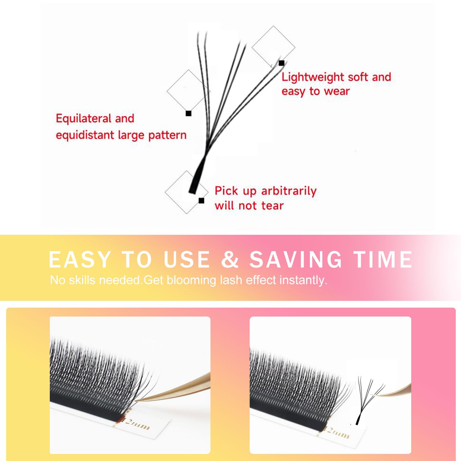 Lash Extensions Double Tips 3D Eyelash Extensions W Shape 0.07mm Thickness C Curl Mix 8-15mm Premade Fans Easy Fan Volume Matte Black Crisscross Eyelashes(W-3D-Double Tips-0.07-C,8-15mm Mix)-GlimoraGlow