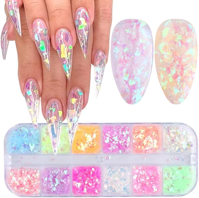 12 Colors Holographic Nail Art Glitter Sequins Iridescent Ice Slag Nail Glitter Laser Nail Art Flakes Colored Fluorescent Glass Paper Nail Sticker Decoration for Face Hand Body Make-Up DIY-GlimoraGlow