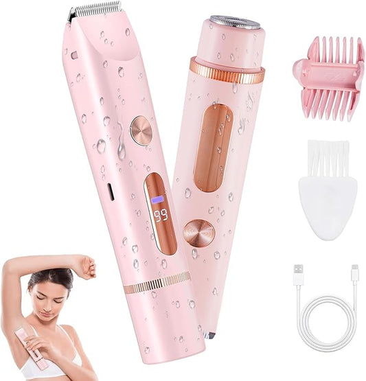 2 in 1 Bikini Trimmer for Women, Dual Head Electric Shaver with LED Display for Body Pubic Hair, IPX7 Waterproof Rechargeable Womens Electric Razor for Armpit Leg Body Facial-GlimoraGlow
