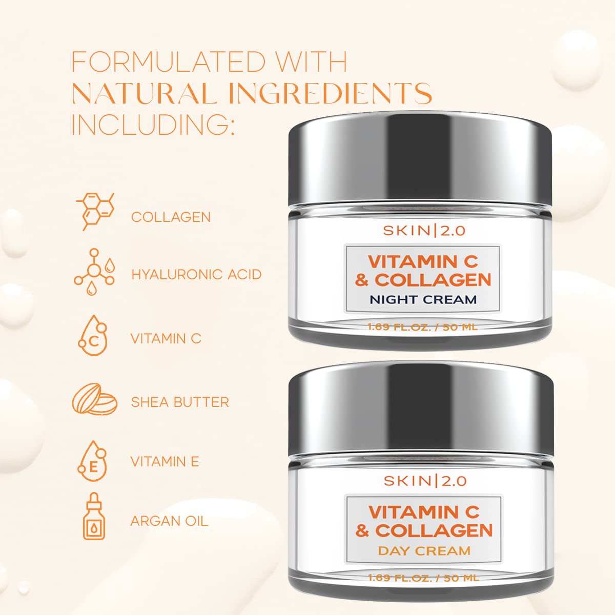 Vitamin C & Collagen Day & Night Face Moisturizer Cream - Dermatologist Tested, Brightening, Anti-Aging, Clean Beauty, Cruelty-Free Korean Skincare for All Skin Types - 1.69 oz (2-Pack)-GlimoraGlow