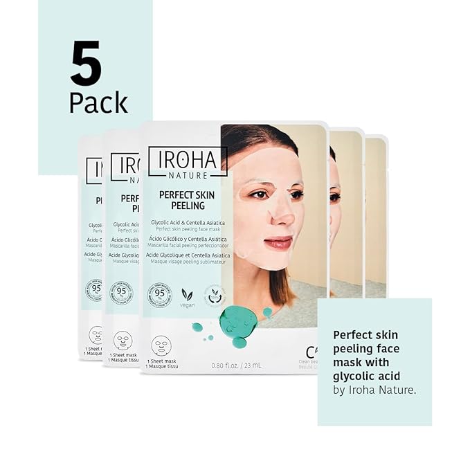 IROHA NATURE Glycolic Acid Peeling Face Mask (Pack of 5) | Skin Perfecting for a Radiant & Smooth Look | Instant Regeneration in Just 15 Minutes | Clean Beauty | 100% Vegan-GlimoraGlow