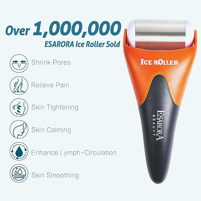 ESARORA Ice Roller for Face & Eye, Puffiness, Migraine, Pain Relief and Minor Injury, Skin Care Products - Black Orange (1 Plastic Roller & 1 Stainless Steel Roller)-GlimoraGlow