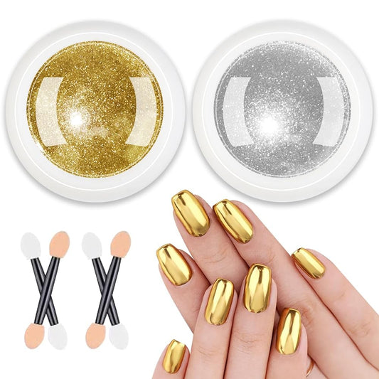 2 Jars Chrome Nail Powder：Mirror Effect Gold Chrome Nail Powder,Metallic Mirror Silver Chrome Powders Decoration for DIY Nail Art,Pigment Holo chrome powder with 4 Eyeshadow Sticks-GlimoraGlow