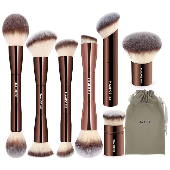 MAANGE 7pcs Makeup Brush Set Double Sided Kabuki Makeup Brushes Contour Brush for Foundation Liquid Powder Concealer Cream Cosmetics Bronzer Blending Blush Buffing Makeup Tools (Coffee)-GlimoraGlow
