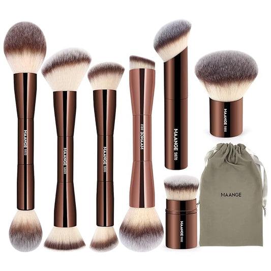 MAANGE 7pcs Makeup Brush Set Double Sided Kabuki Makeup Brushes Contour Brush for Foundation Liquid Powder Concealer Cream Cosmetics Bronzer Blending Blush Buffing Makeup Tools (Coffee)-GlimoraGlow