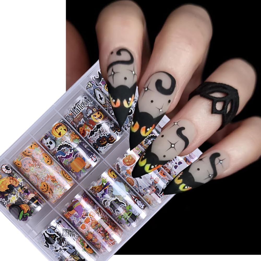 10 Rolls Halloween Nail Foil Transfer Stickers Decals, Kawaii Halloween Nail Polish Sheets Sky Starry Paper Transfer Foils Cartoon Pumpkin Skeleton Glue Women Manicure Nail Film Decorations-GlimoraGlow