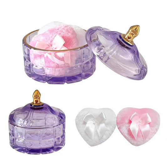 Body Powder Puff and Container - Glass Dusting Powder Container with 2 Soft Puffs Vintage Powder Puff Case for Women & Girls (3.94x3.94x3.94 H in) - GRB011-Purple-GlimoraGlow