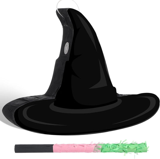 Kasyat Witch Hat Piñata Party Game Set Halloween Theme Piñata with Bat Stick Blindfold Pink Green and Black Party Decor for Halloween Birthday Baby Shower Game Supplies Decor (Witch Hat)