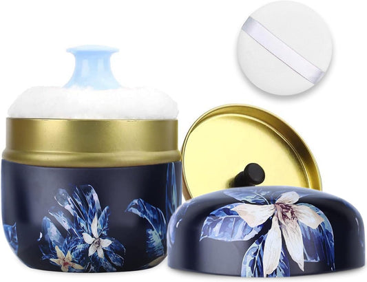 SHIMIDO Body Powder Puff and Container, 3.15" Portable Empty Body Powder Container for Baby Women's Loose Dusting Powder, Powder Case Box with Lids for Bath, Travel and Home Use (Dark Night)-GlimoraGlow