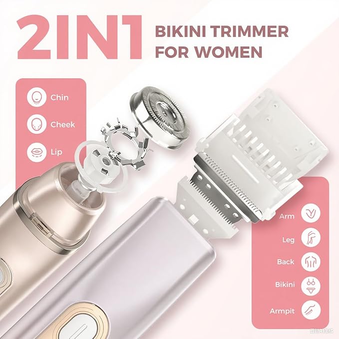 2 in 1 Bikini Trimmer for Women, Dual Head Electric Razor, IPX7 Waterproof Wet/Dry Use Women Electric Shaver, Painless Body Facial Hair Remover for Bikini Legs Arm Underarm, (Purple)-GlimoraGlow