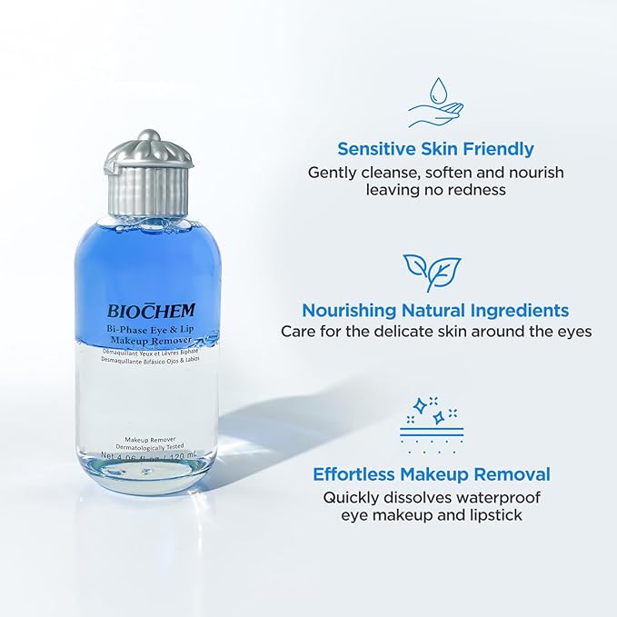 BIOCHEM Bi-Phase Eye & Lip Heavy Makeup Remover, Waterproof Mascara Remover, Gentle Cleanser liquid for Makeup with Natural Ingredients for Sensitive, Normal Skin Types (4.06 fl. oz / 120 ml)-GlimoraGlow