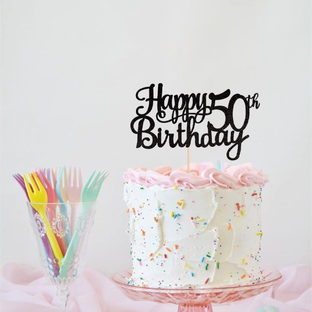 1 PCS Happy 50th Birthday Cake Topper Glitter Cheers to 50 Years Birthday Cake Pick 50 Fabulous Cake Decoration for Happy 50th Birthday Anniversary Party Decorations Supplies Black