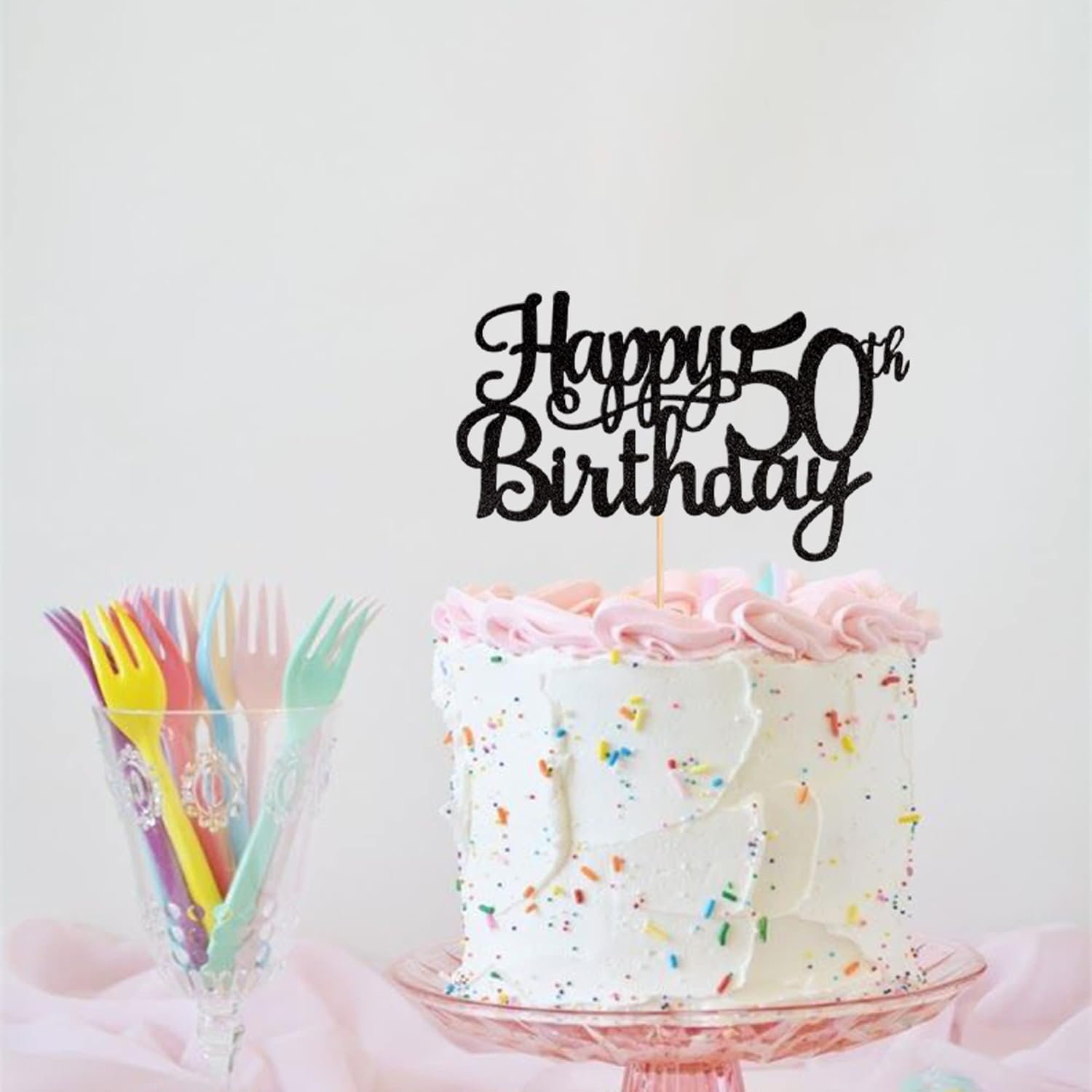 1 PCS Happy 50th Birthday Cake Topper Glitter Cheers to 50 Years Birthday Cake Pick 50 Fabulous Cake Decoration for Happy 50th Birthday Anniversary Party Decorations Supplies Black