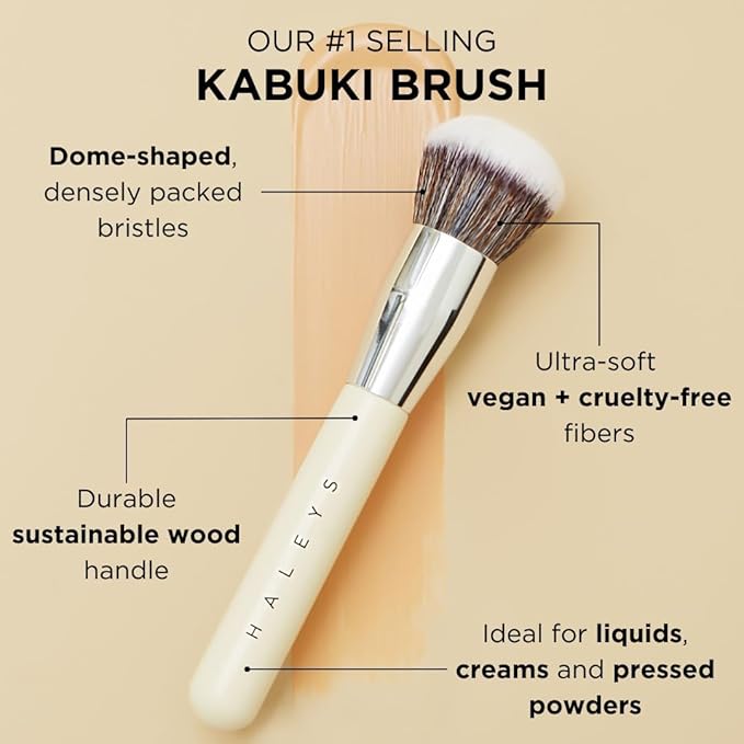 HALEYS Kabuki Makeup Brush + GWP Skin Tint Mini, VEGAN+CRUELTY-FREE, Sustainable Wood, Vegan Bristles for Airbrushed Finish, For Creams, Liquids, Powder, Streak-free, Perfect Blending, Buffs, Blurs-GlimoraGlow