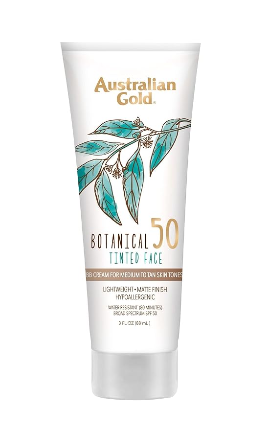 Australian Gold Botanical SPF 50 Tinted Mineral Sunscreen for Face, Non-Chemical BB Cream, Water-Resistant, Matte Finish, For Sensitive Facial Skin, Medium to Tan Skin Tones, 3 FL Oz-GlimoraGlow