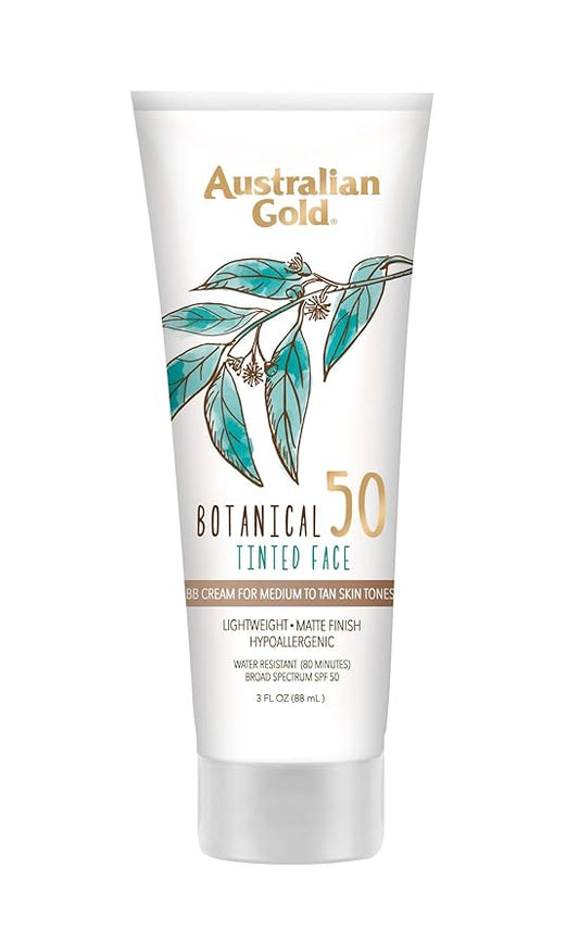 Australian Gold Botanical SPF 50 Tinted Mineral Sunscreen for Face, Non-Chemical BB Cream, Water-Resistant, Matte Finish, For Sensitive Facial Skin, Medium to Tan Skin Tones, 3 FL Oz-GlimoraGlow