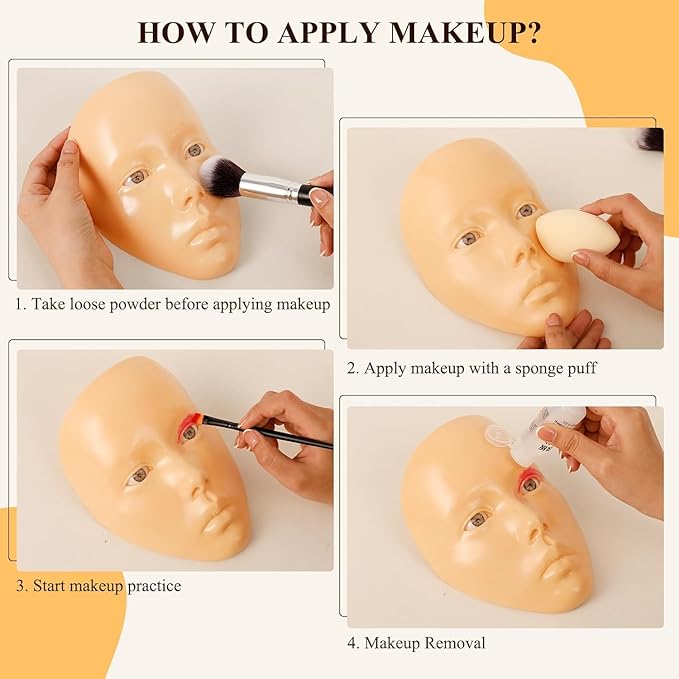 Makeup Practice Face, Eye Makeup Practice Head Silicone, Makeup Practice Accessories Set with Face Painting Mannequin Head, Makeup Brushes, Face Painting and Eyebrow Pen, Makeup Practice Gift, Yellow-GlimoraGlow