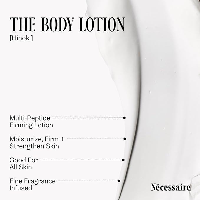 Nécessaire The Body Lotion with Pump. Hinoki. Multi-Peptide Firming Lotion to Moisturize, Firm, Strengthen. 2.5% Niacinamide, Vitamin C/E + Omega 6/9. 450ml / 15.2 fl oz-GlimoraGlow