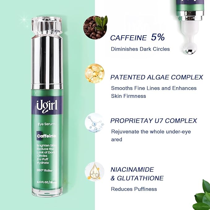 Eye Serum for Dark Circles, 5% Caffeine Under Eye Cream for Wrinkles, Morning Puffiness and Fine Lines, Deeply Repairs the Muscles Around the Eyes with 360°Massage Ball, 0.5 Fl Oz-GlimoraGlow