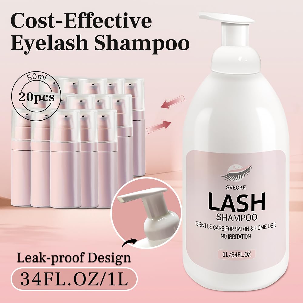 Lash Shampoo 34fl.oz/1L, Eyelash Shampoo for Lash Extension, Eyelash Extension Cleanser, Lash Eyelid Foam Cleaning Kit for Salon Use and Home Use-GlimoraGlow
