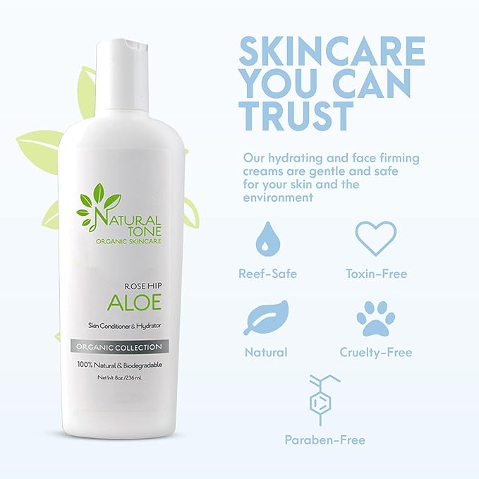 Natural Tone Organic Skincare Rosehip Aloe Lotion, Everyday Skin Conditioner and Hydrator Lotion 8oz-GlimoraGlow