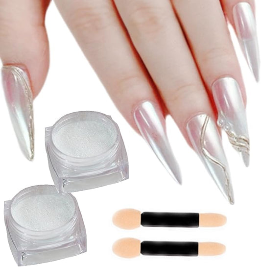 2 Pcs White Iridescent Nails Powder Aurora Chrome Powder for Nails,Mermaid Chrome Nail Pearl Powder Chameleon Chrome Nail Powder Manicure Pigment(2 Pcs Moonlight)-GlimoraGlow